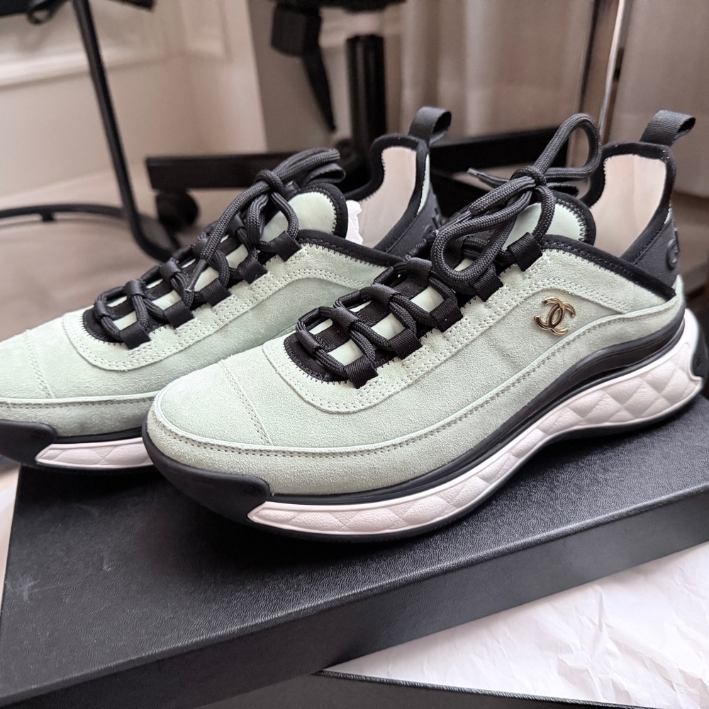CHANEL Light Green and Black Sneakers